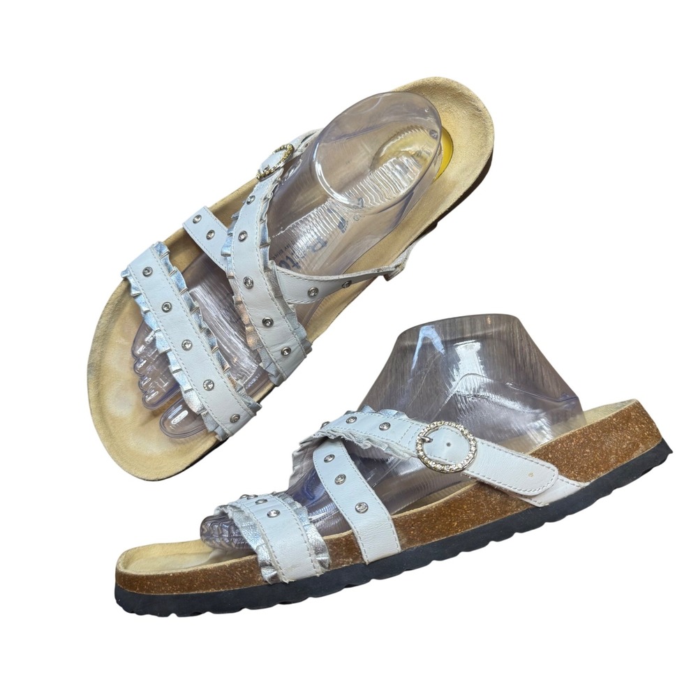 Betula Women's Ruffled Studded Slide Sandals White Silver Size 43